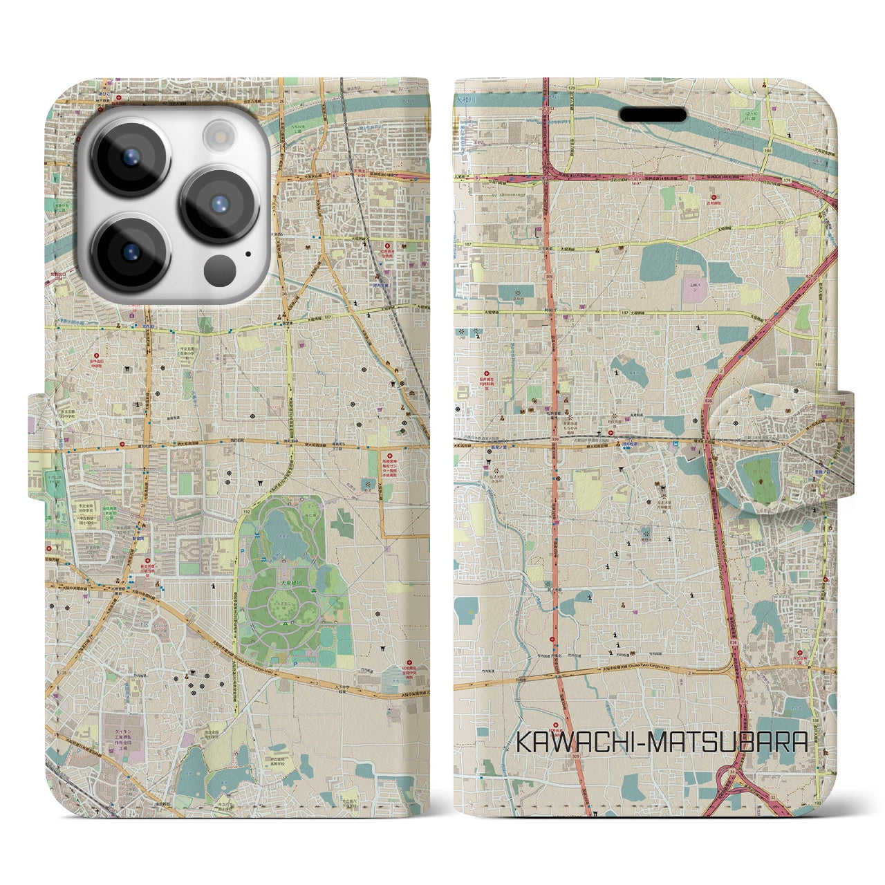 【河内松原】地図柄iPhoneケース（手帳両面タイプ・ナチュラル）iPhone 14 Pro 用
