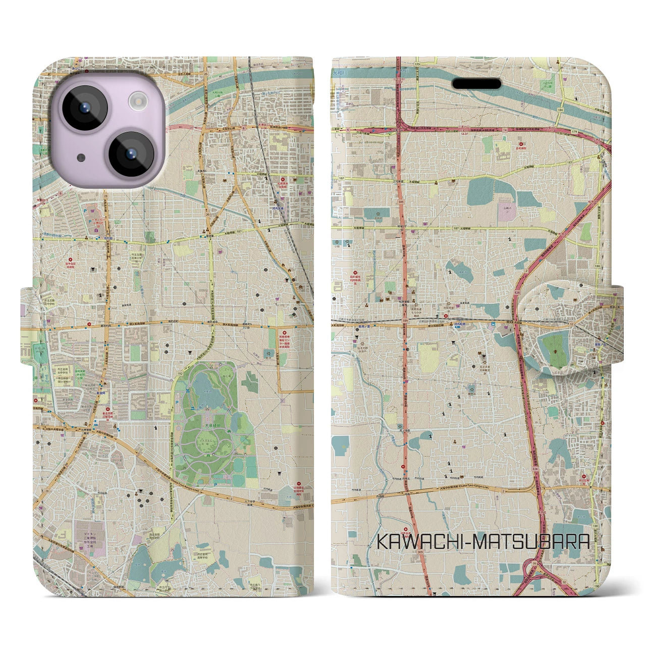 【河内松原】地図柄iPhoneケース（手帳両面タイプ・ナチュラル）iPhone 14 用