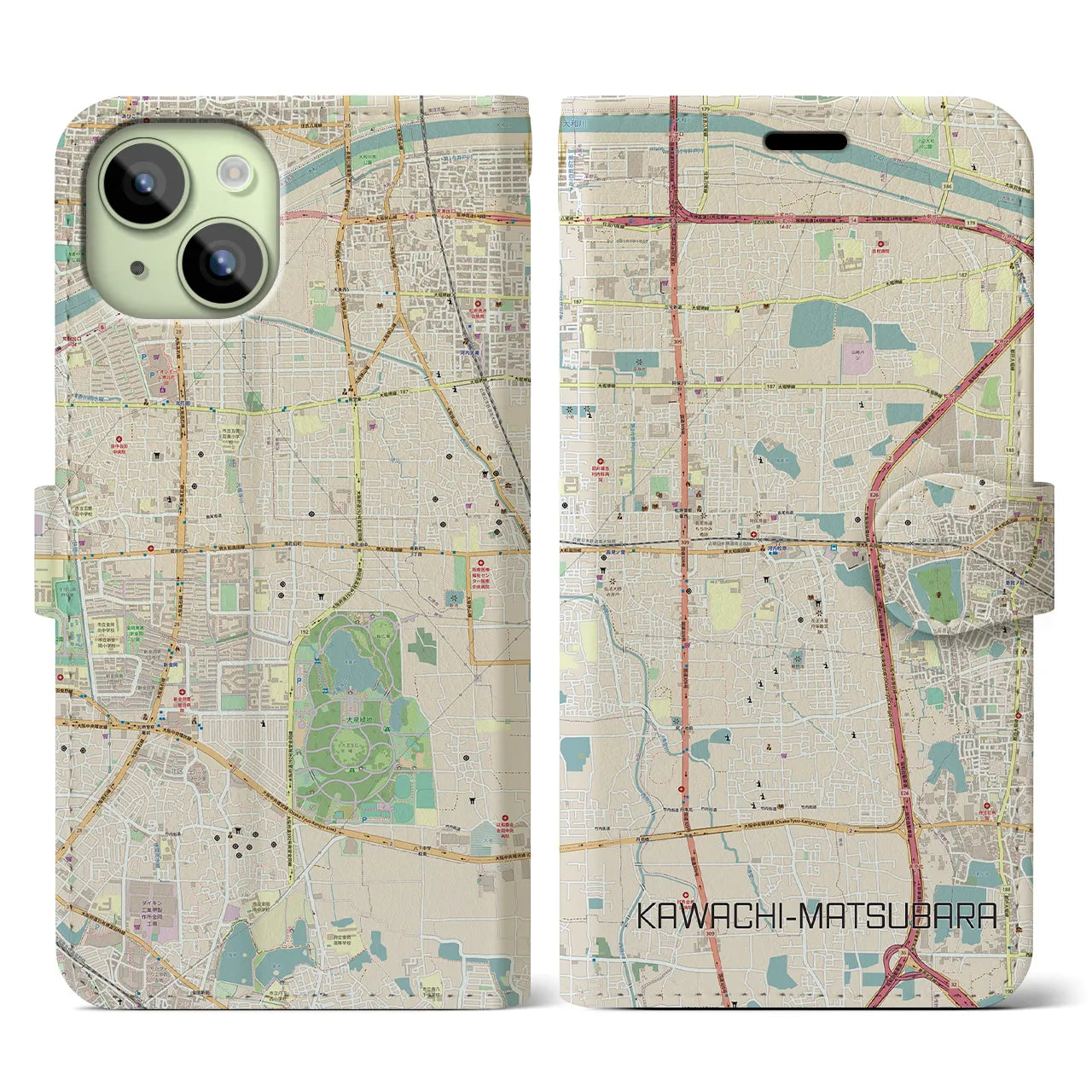 【河内松原】地図柄iPhoneケース（手帳両面タイプ・ナチュラル）iPhone 15 用
