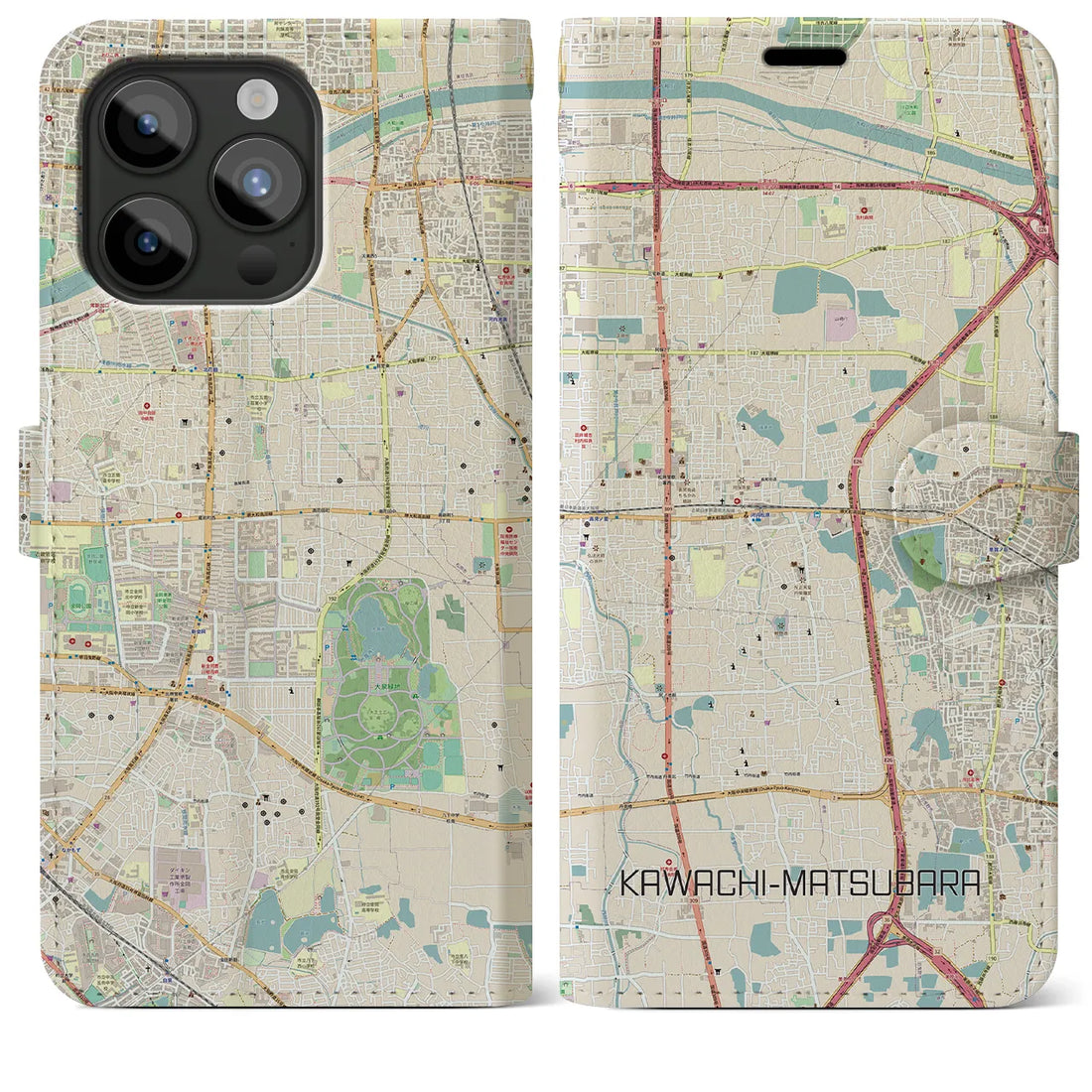 【河内松原】地図柄iPhoneケース（手帳両面タイプ・ナチュラル）iPhone 15 Pro Max 用