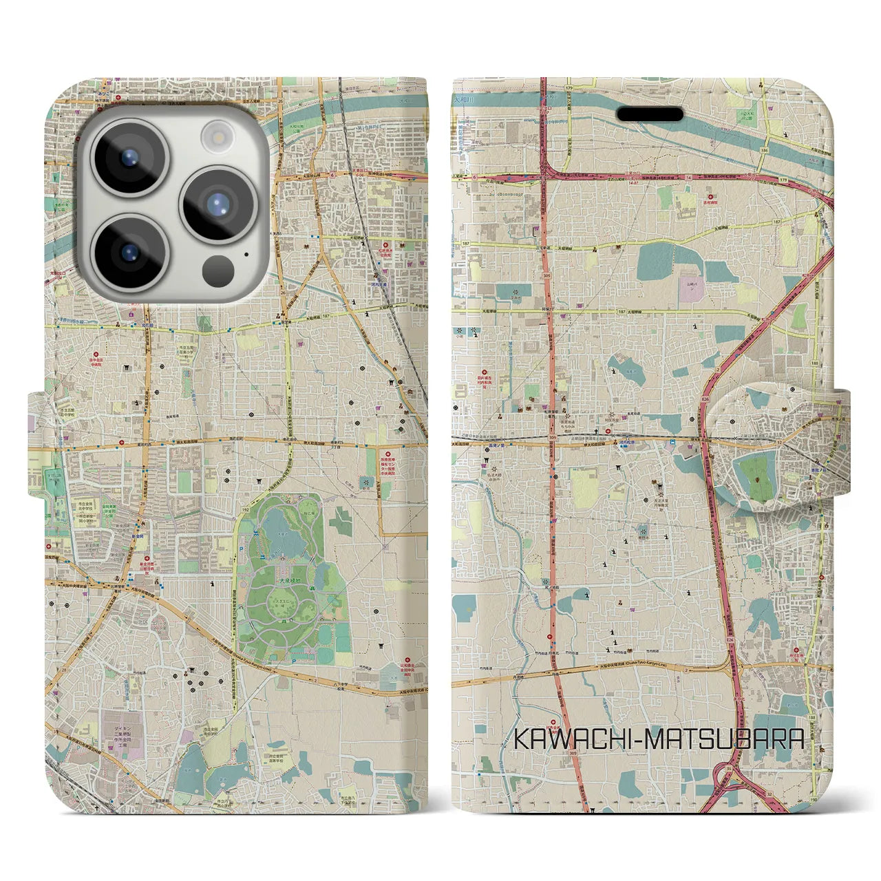 【河内松原】地図柄iPhoneケース（手帳両面タイプ・ナチュラル）iPhone 15 Pro 用