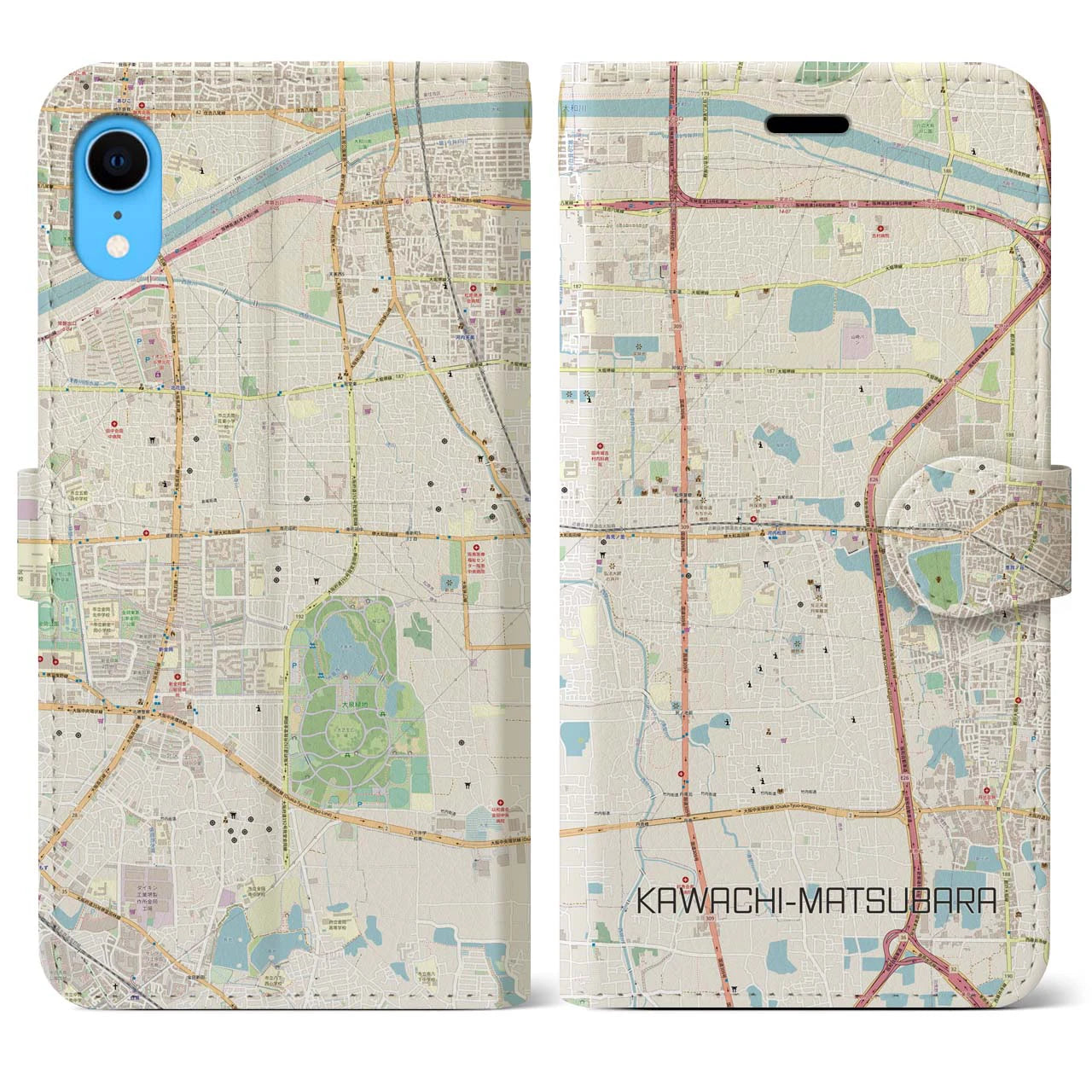【河内松原】地図柄iPhoneケース（手帳両面タイプ・ナチュラル）iPhone XR 用