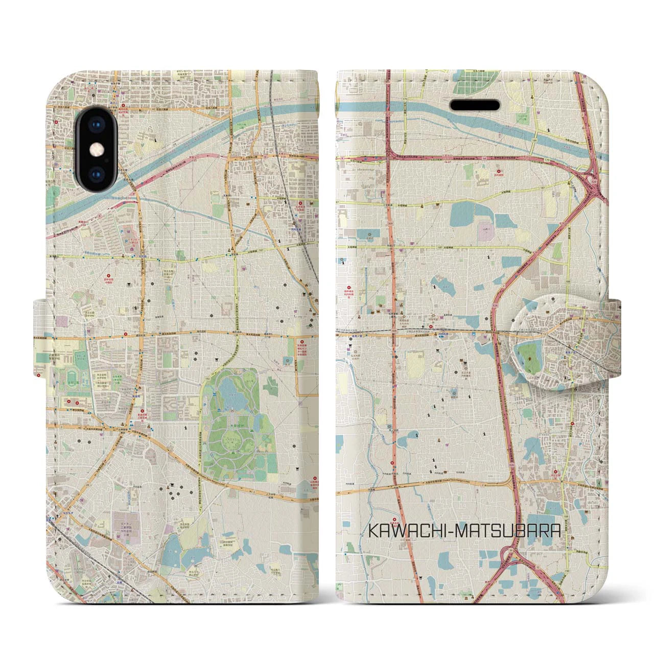 【河内松原】地図柄iPhoneケース（手帳両面タイプ・ナチュラル）iPhone XS / X 用