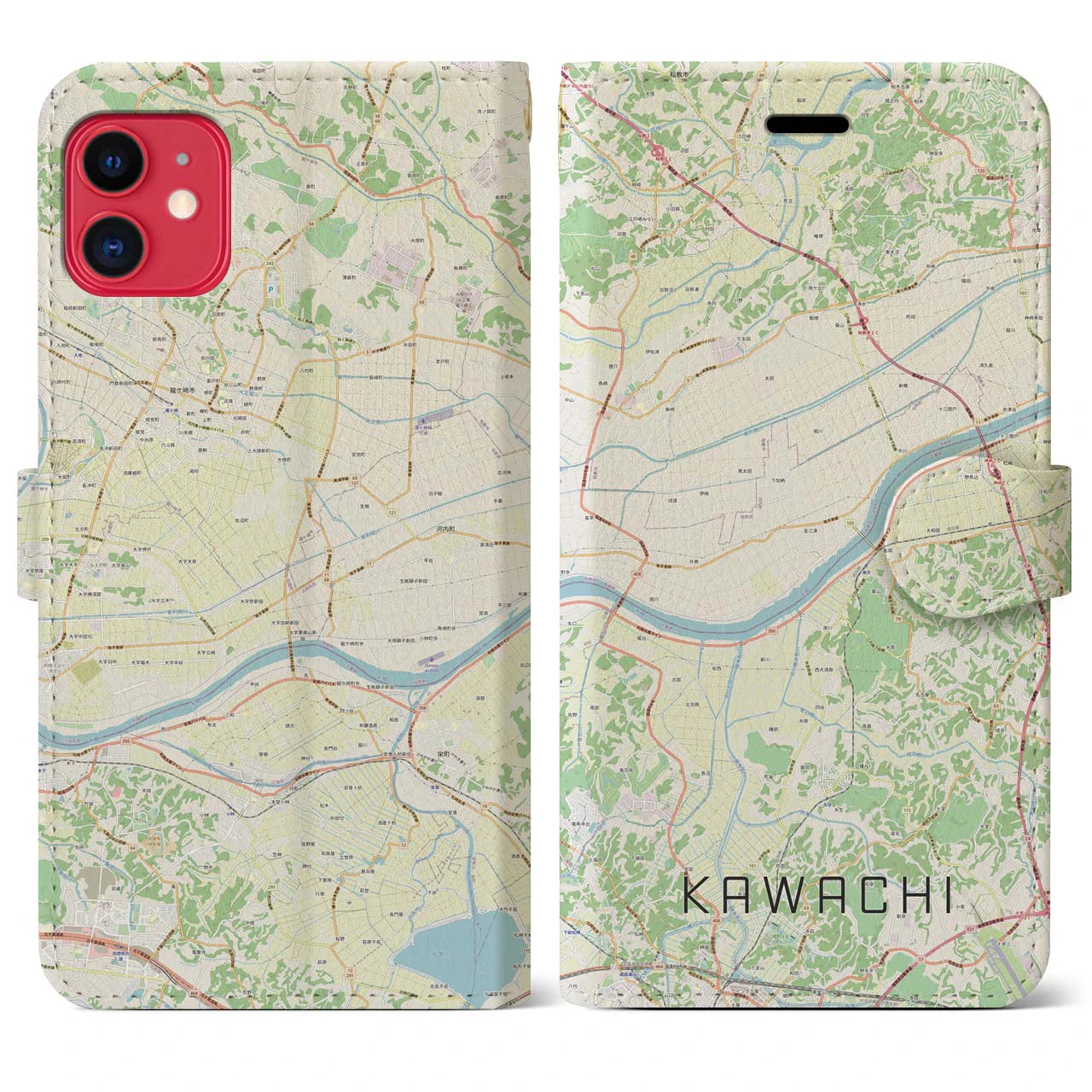 【河内】地図柄iPhoneケース（手帳両面タイプ・ナチュラル）iPhone 11 用