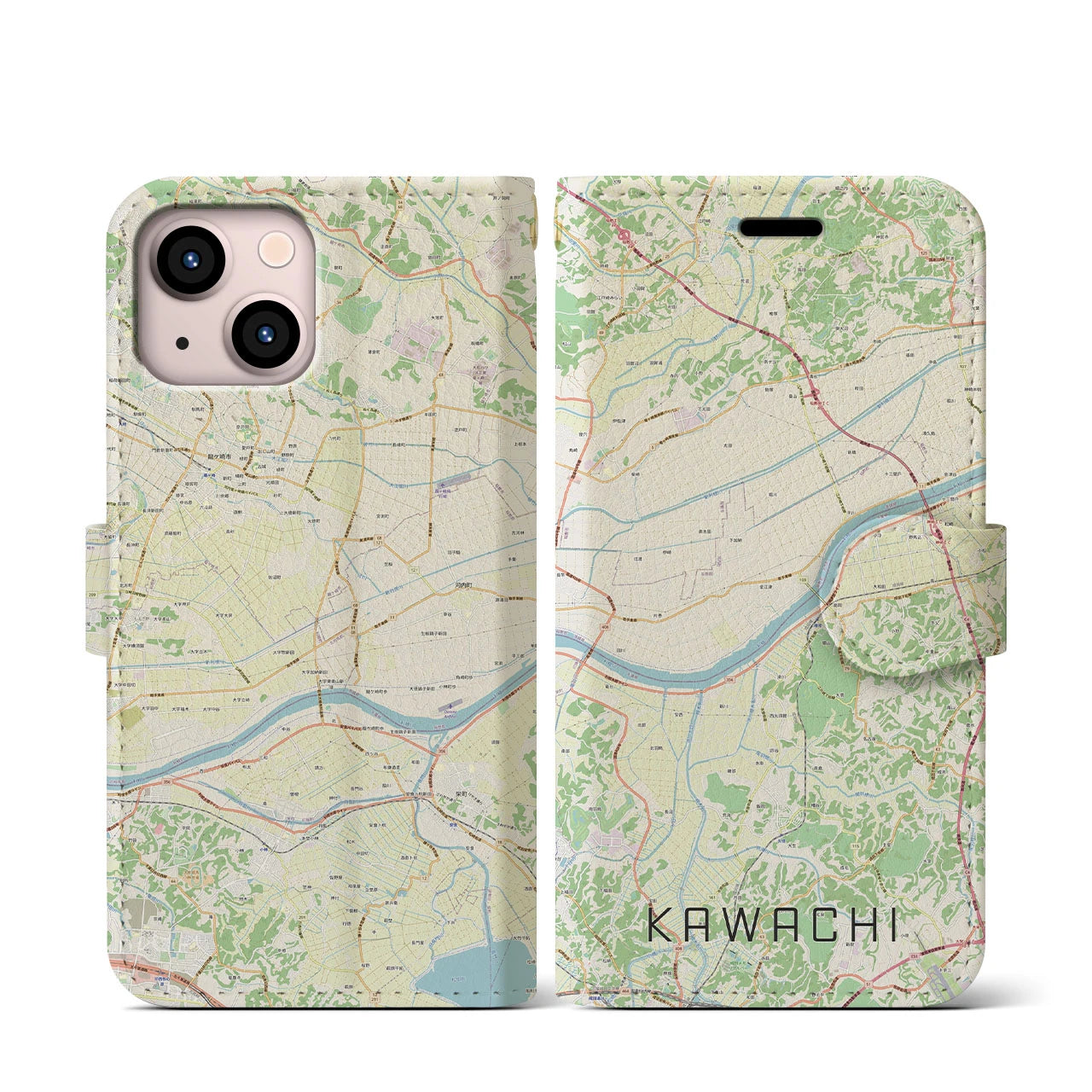 【河内】地図柄iPhoneケース（手帳両面タイプ・ナチュラル）iPhone 13 mini 用