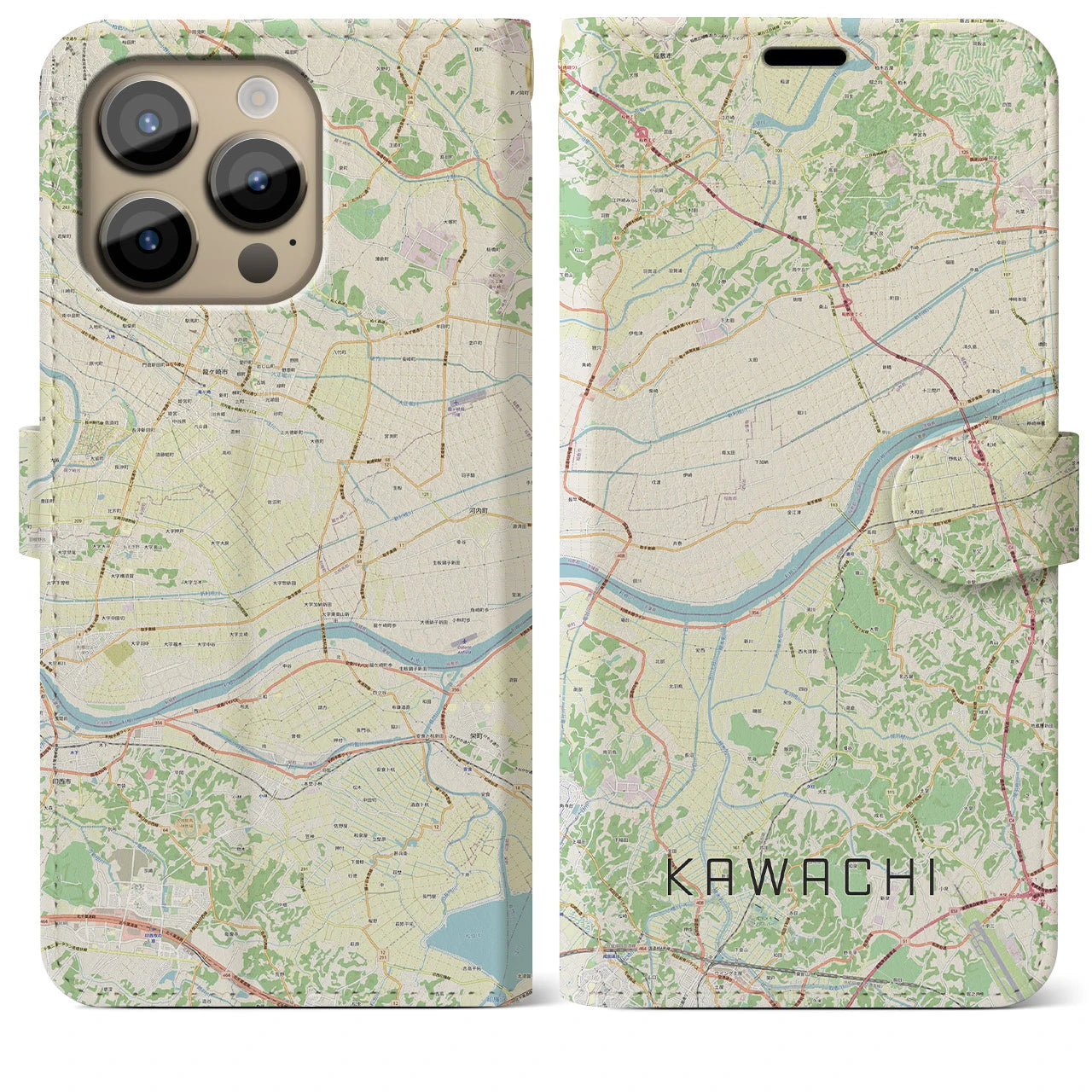 【河内】地図柄iPhoneケース（手帳両面タイプ・ナチュラル）iPhone 14 Pro Max 用