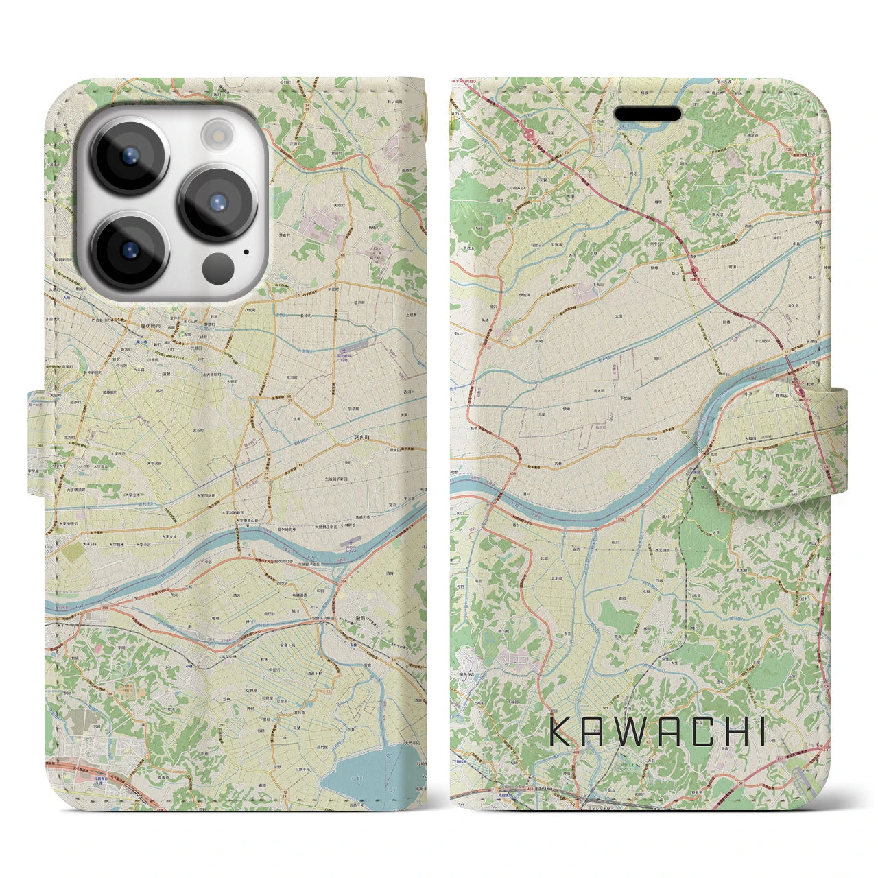 【河内】地図柄iPhoneケース（手帳両面タイプ・ナチュラル）iPhone 14 Pro 用