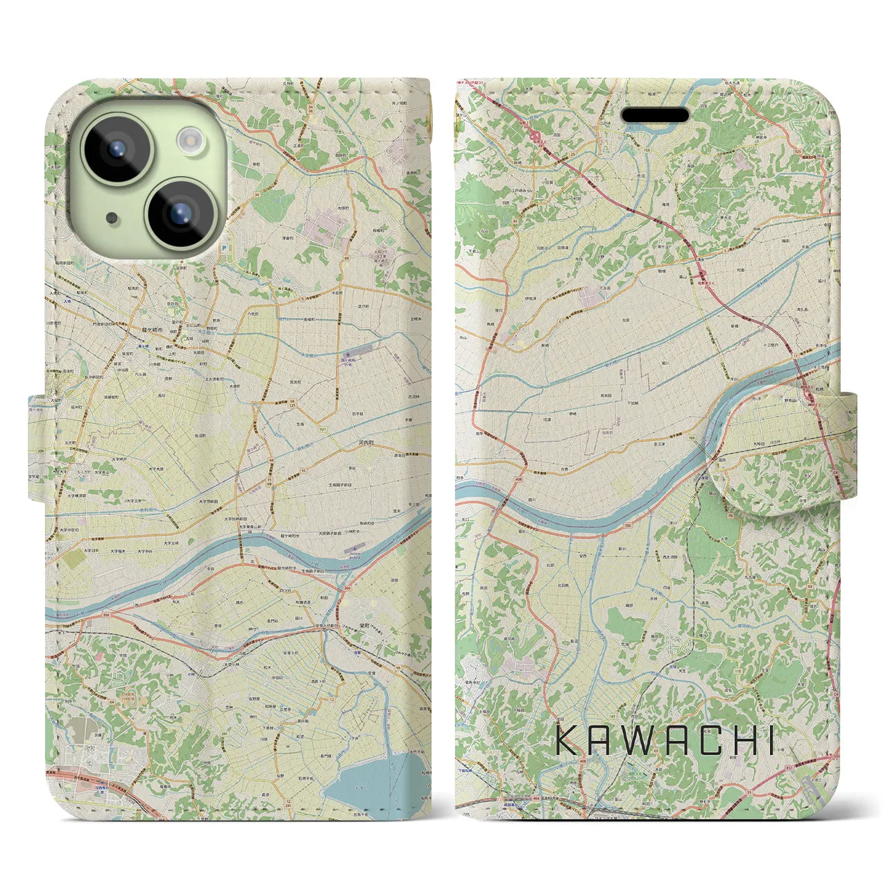 【河内】地図柄iPhoneケース（手帳両面タイプ・ナチュラル）iPhone 15 用
