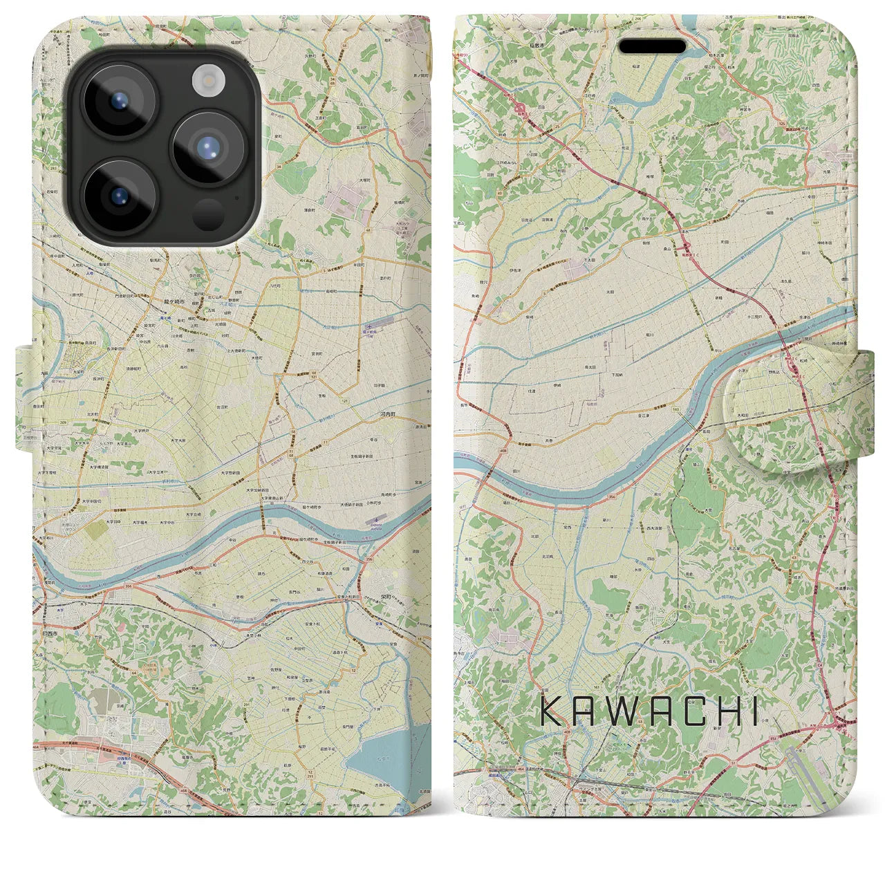 【河内】地図柄iPhoneケース（手帳両面タイプ・ナチュラル）iPhone 15 Pro Max 用