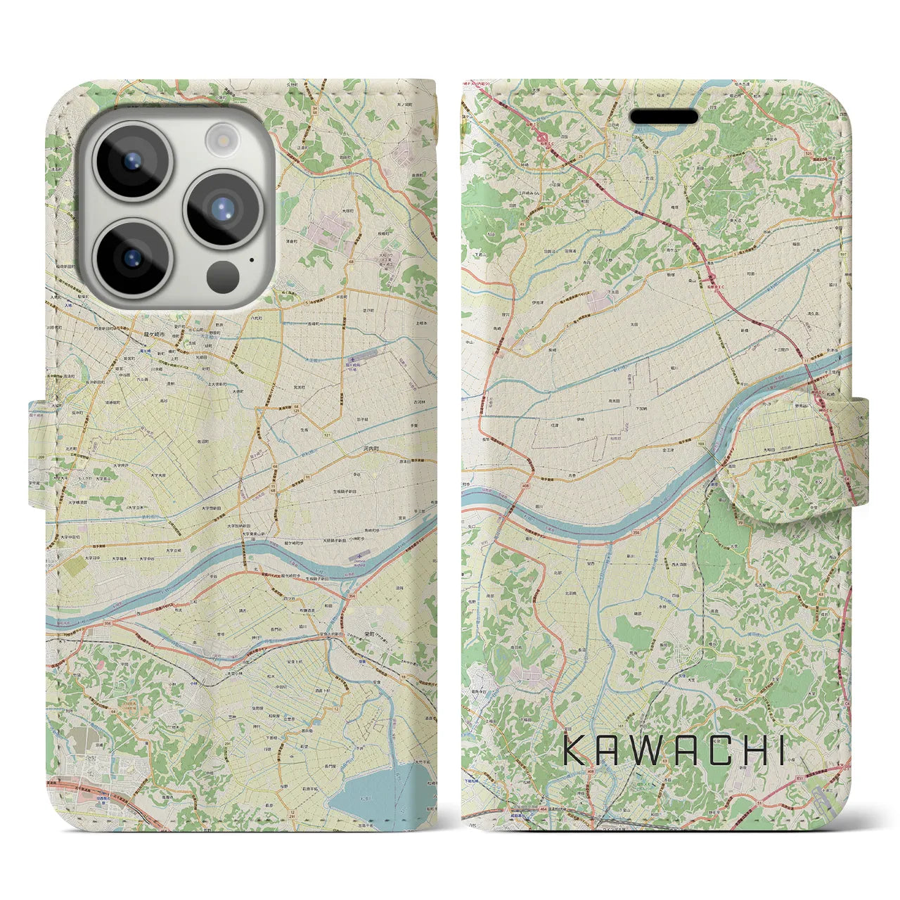 【河内】地図柄iPhoneケース（手帳両面タイプ・ナチュラル）iPhone 15 Pro 用
