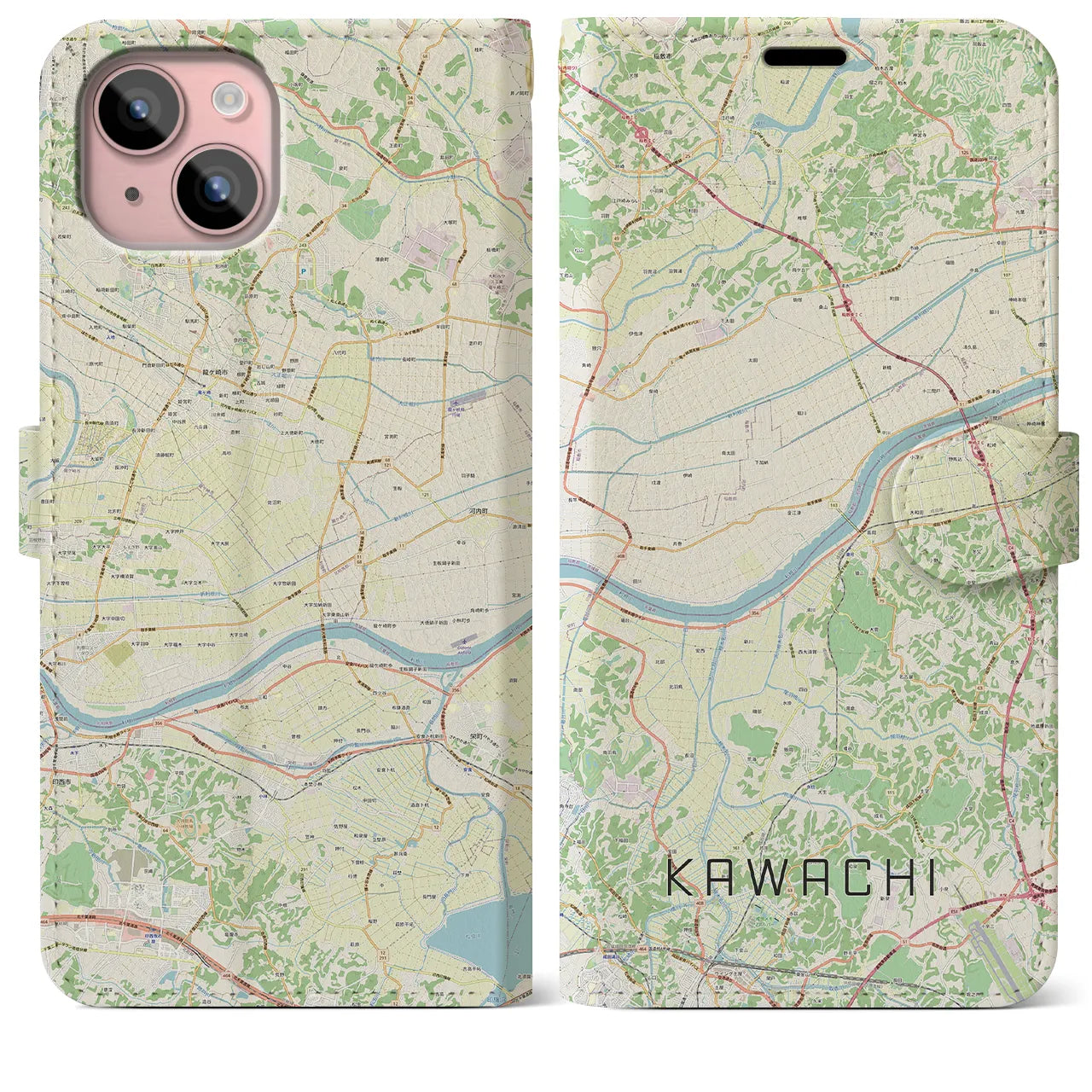 【河内】地図柄iPhoneケース（手帳両面タイプ・ナチュラル）iPhone 15 Plus 用