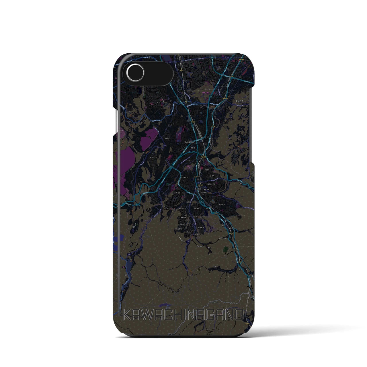 【河内長野】地図柄iPhoneケース（バックカバータイプ・ブラック）iPhone SE（第3 / 第2世代） / 8 / 7 / 6s / 6 用