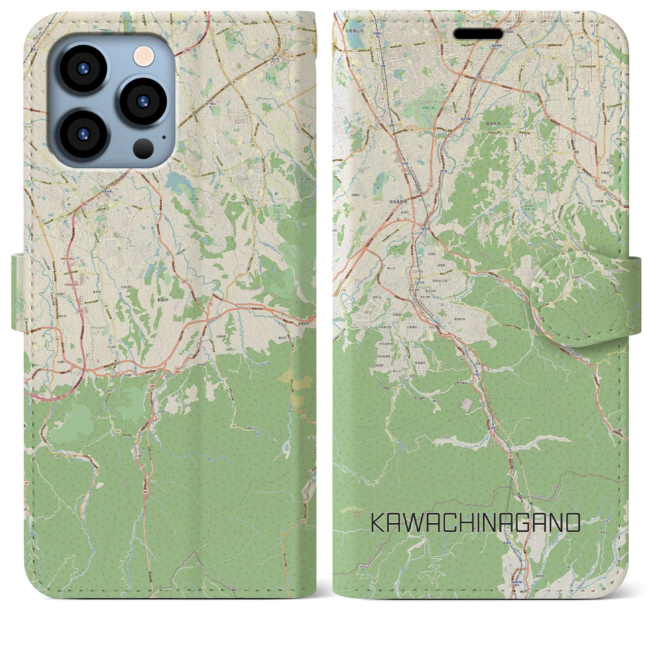 【河内長野】地図柄iPhoneケース（手帳両面タイプ・ナチュラル）iPhone 13 Pro Max 用