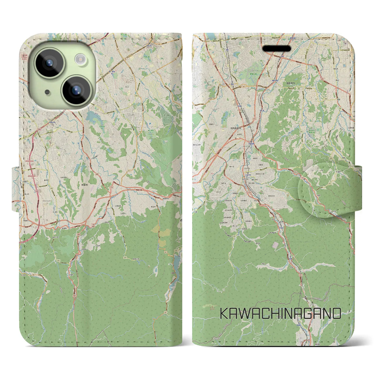【河内長野】地図柄iPhoneケース（手帳両面タイプ・ナチュラル）iPhone 15 用