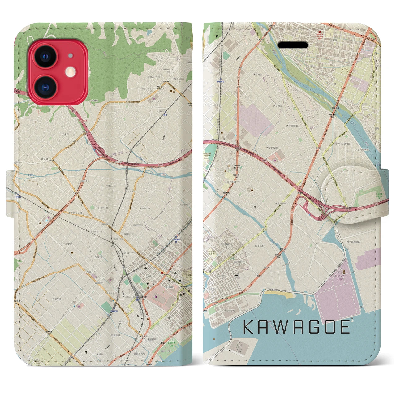 【川越（三重県）】地図柄iPhoneケース（手帳タイプ）ナチュラル・iPhone 11 用