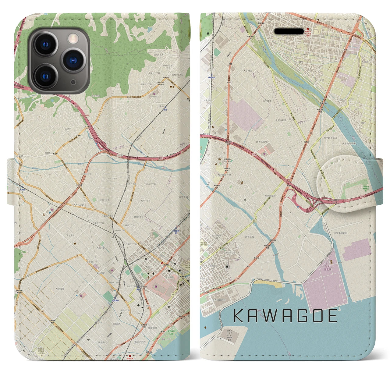 【川越（三重県）】地図柄iPhoneケース（手帳両面タイプ・ナチュラル）iPhone 11 Pro Max 用
