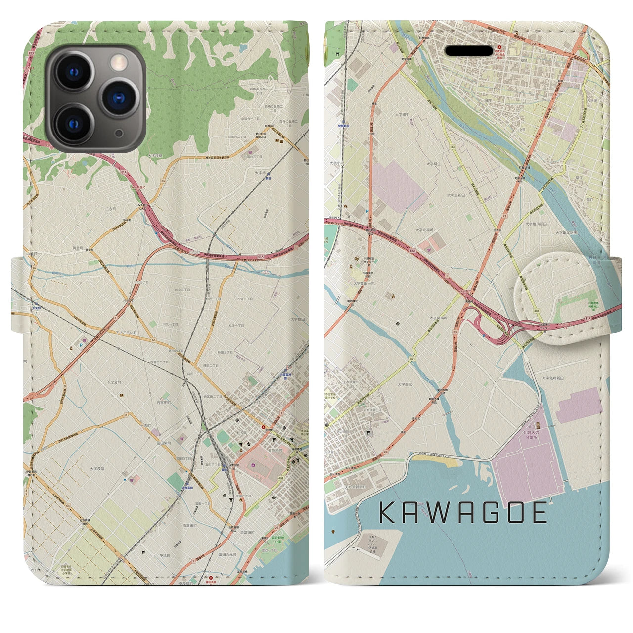 【川越（三重県）】地図柄iPhoneケース（手帳タイプ）ナチュラル・iPhone 11 Pro Max 用