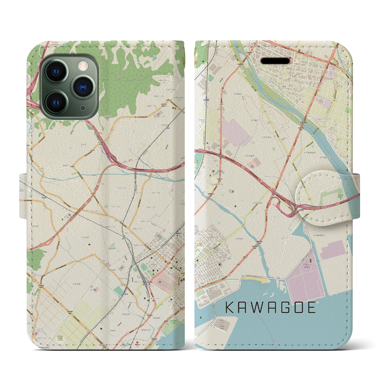 【川越（三重県）】地図柄iPhoneケース（手帳タイプ）ナチュラル・iPhone 11 Pro 用