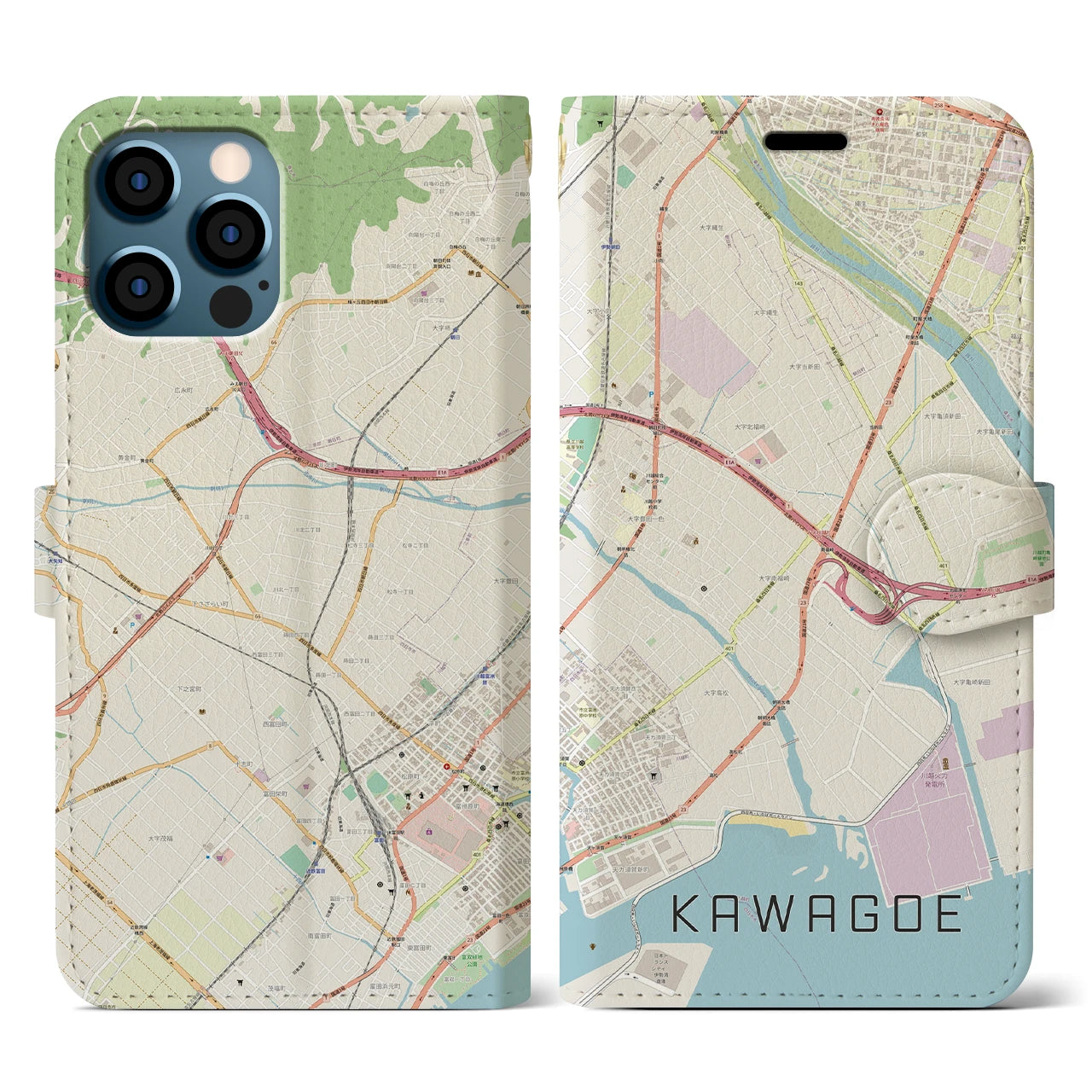 【川越（三重県）】地図柄iPhoneケース（手帳タイプ）ナチュラル・iPhone 12 / 12 Pro 用