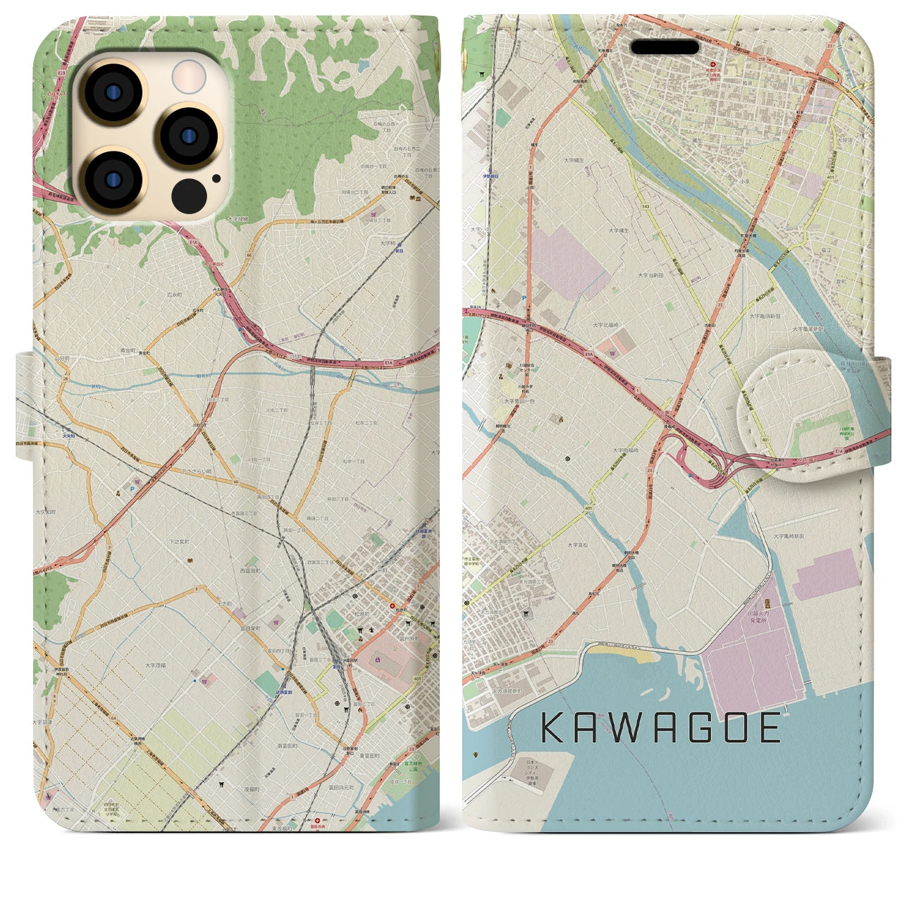【川越（三重県）】地図柄iPhoneケース（手帳両面タイプ・ナチュラル）iPhone 12 Pro Max 用