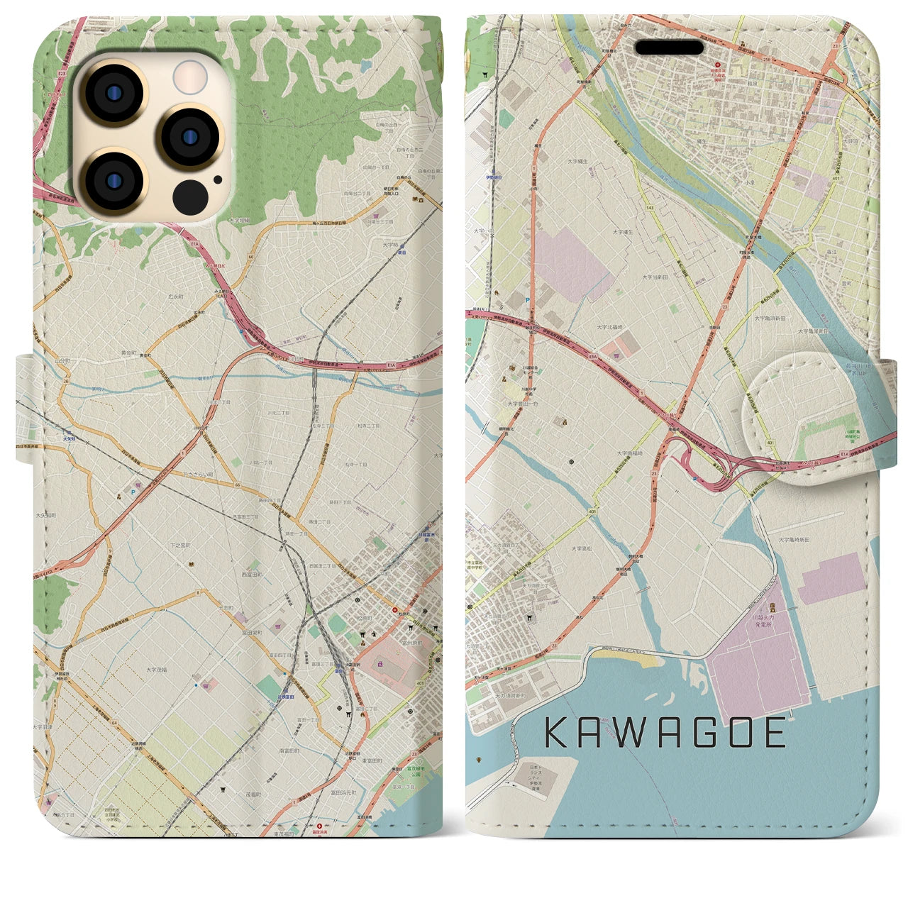 【川越（三重県）】地図柄iPhoneケース（手帳タイプ）ナチュラル・iPhone 12 Pro Max 用