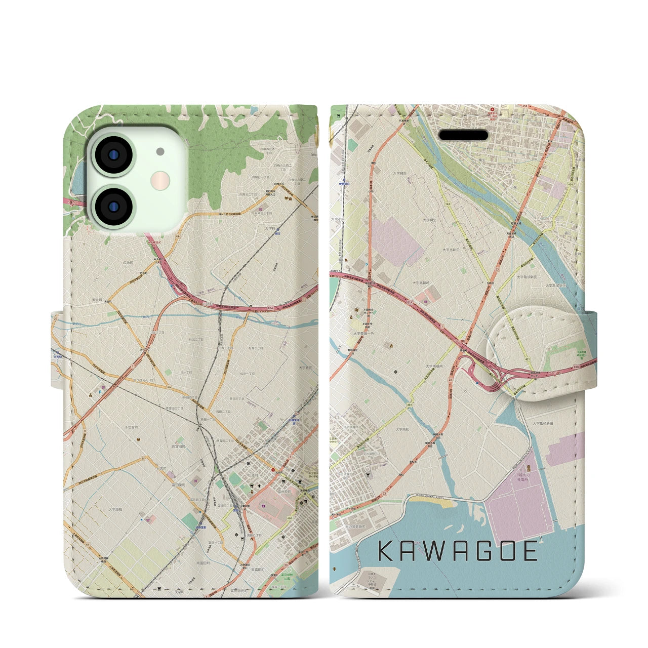 【川越（三重県）】地図柄iPhoneケース（手帳タイプ）ナチュラル・iPhone 12 mini 用