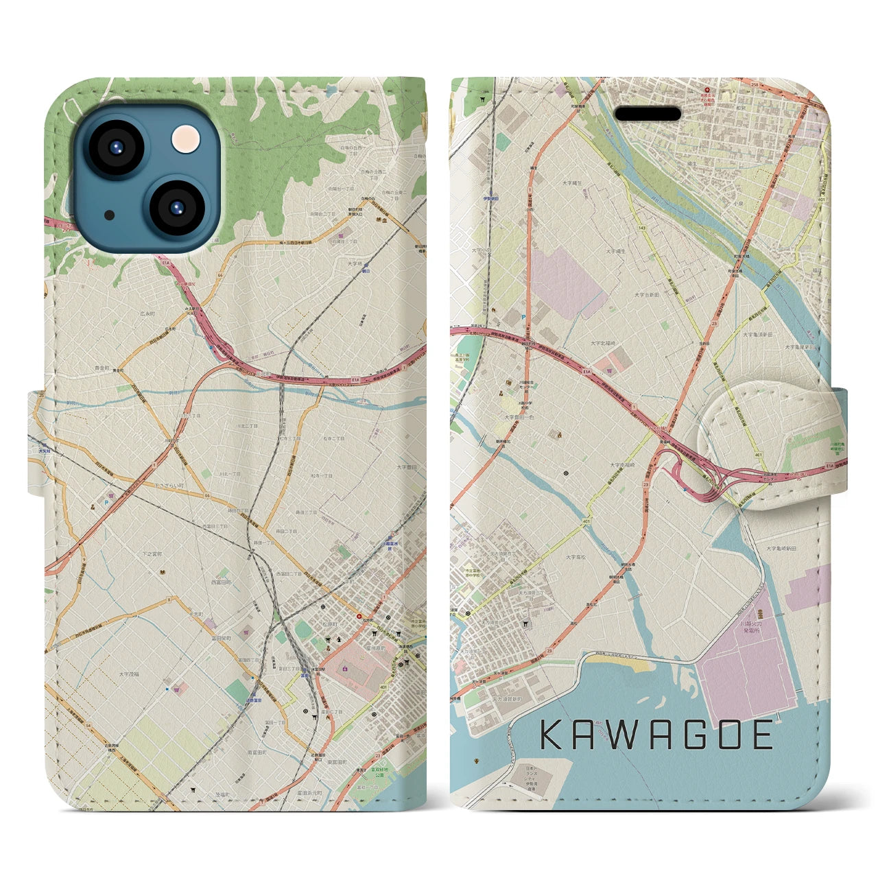 【川越（三重県）】地図柄iPhoneケース（手帳両面タイプ・ナチュラル）iPhone 13 用