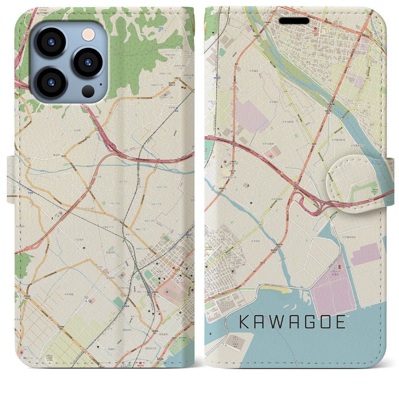 【川越（三重県）】地図柄iPhoneケース（手帳両面タイプ・ナチュラル）iPhone 13 Pro Max 用