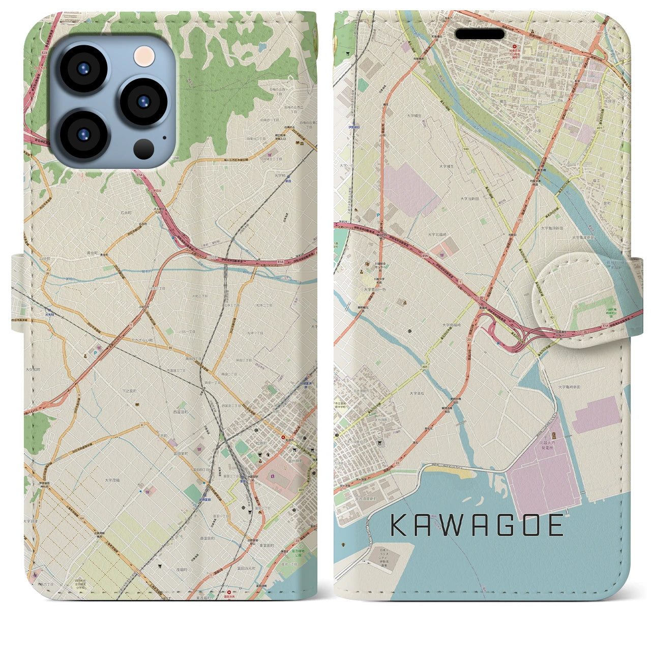 【川越（三重県）】地図柄iPhoneケース（手帳タイプ）ナチュラル・iPhone 13 Pro Max 用