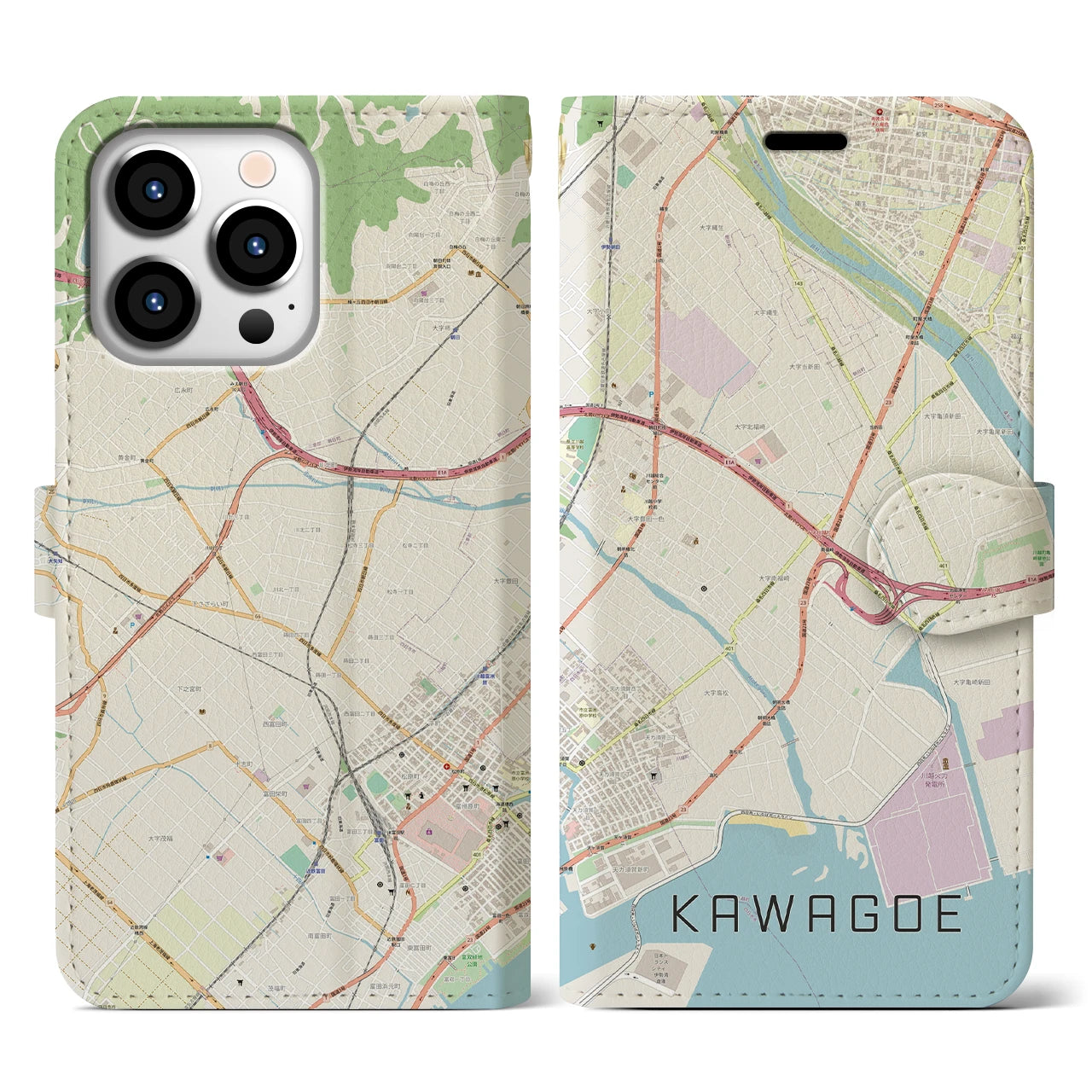 【川越（三重県）】地図柄iPhoneケース（手帳タイプ）ナチュラル・iPhone 13 Pro 用