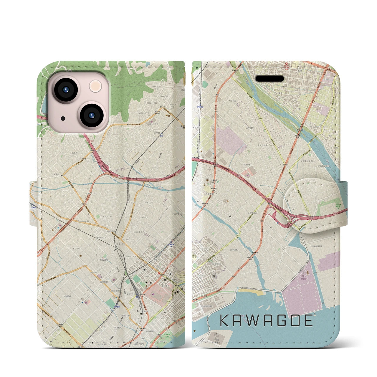 【川越（三重県）】地図柄iPhoneケース（手帳タイプ）ナチュラル・iPhone 13 mini 用