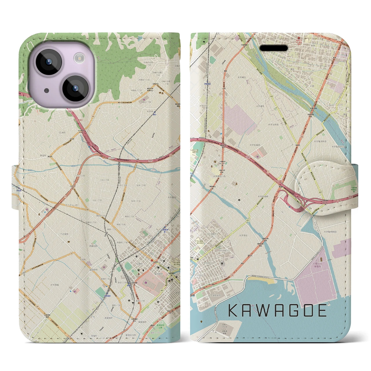 【川越（三重県）】地図柄iPhoneケース（手帳タイプ）ナチュラル・iPhone 14 用
