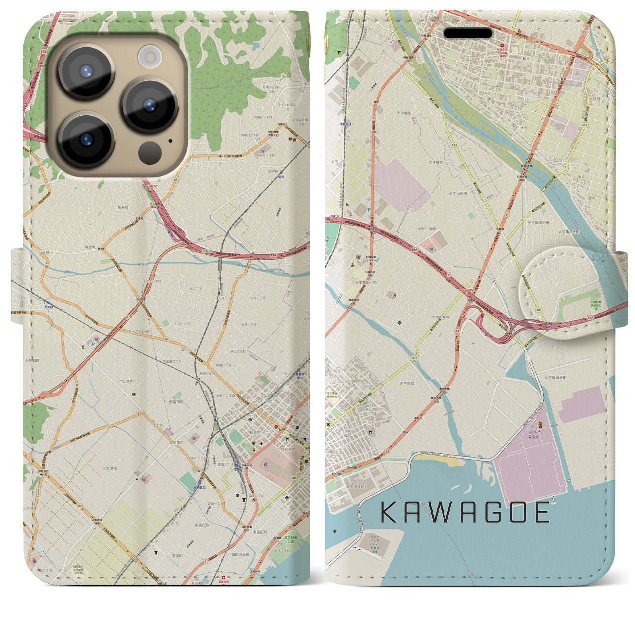 【川越（三重県）】地図柄iPhoneケース（手帳タイプ）ナチュラル・iPhone 14 Pro Max 用