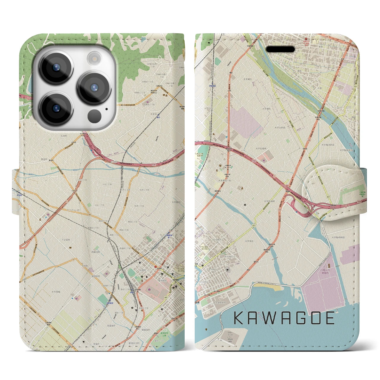 【川越（三重県）】地図柄iPhoneケース（手帳タイプ）ナチュラル・iPhone 14 Pro 用