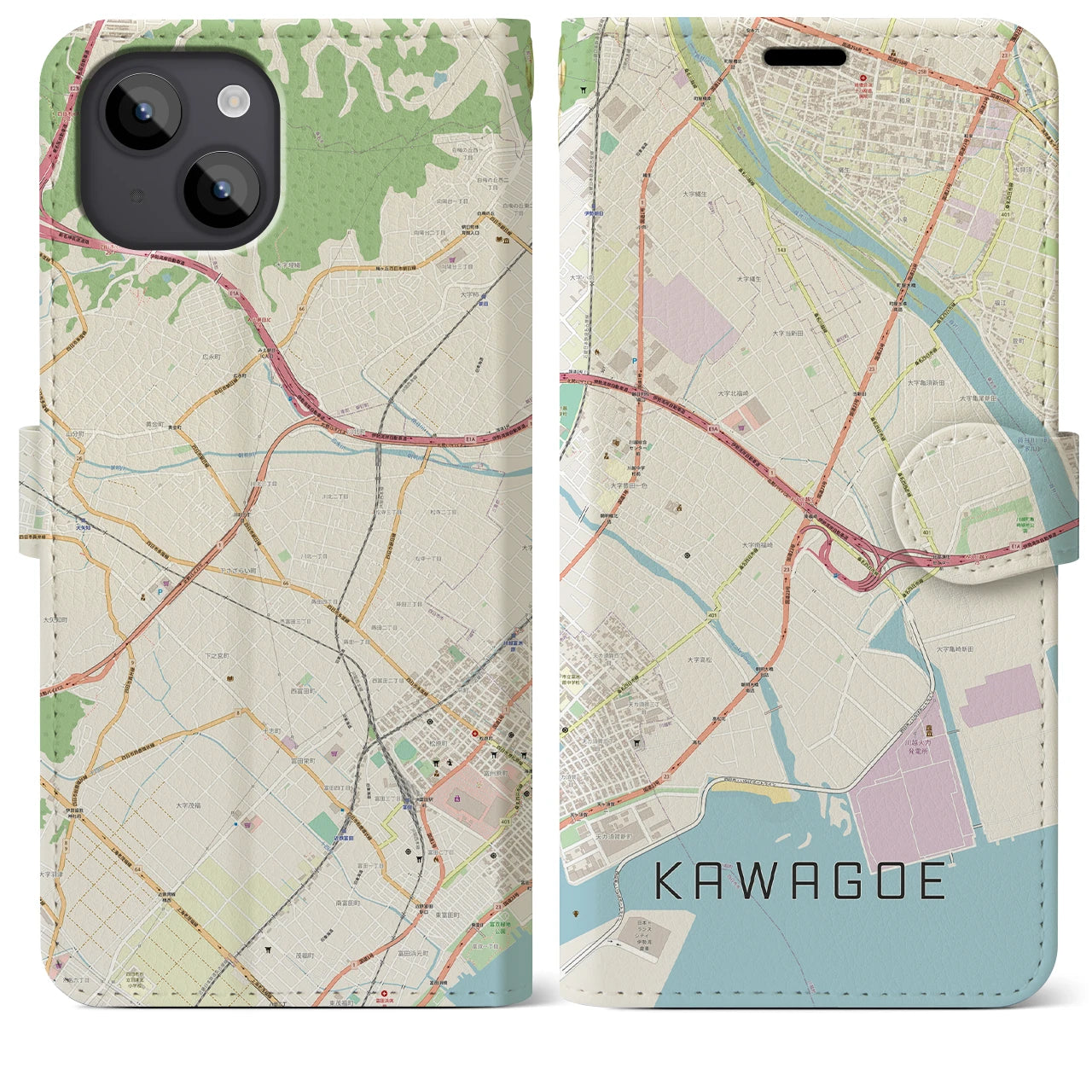 【川越（三重県）】地図柄iPhoneケース（手帳タイプ）ナチュラル・iPhone 14 Plus 用