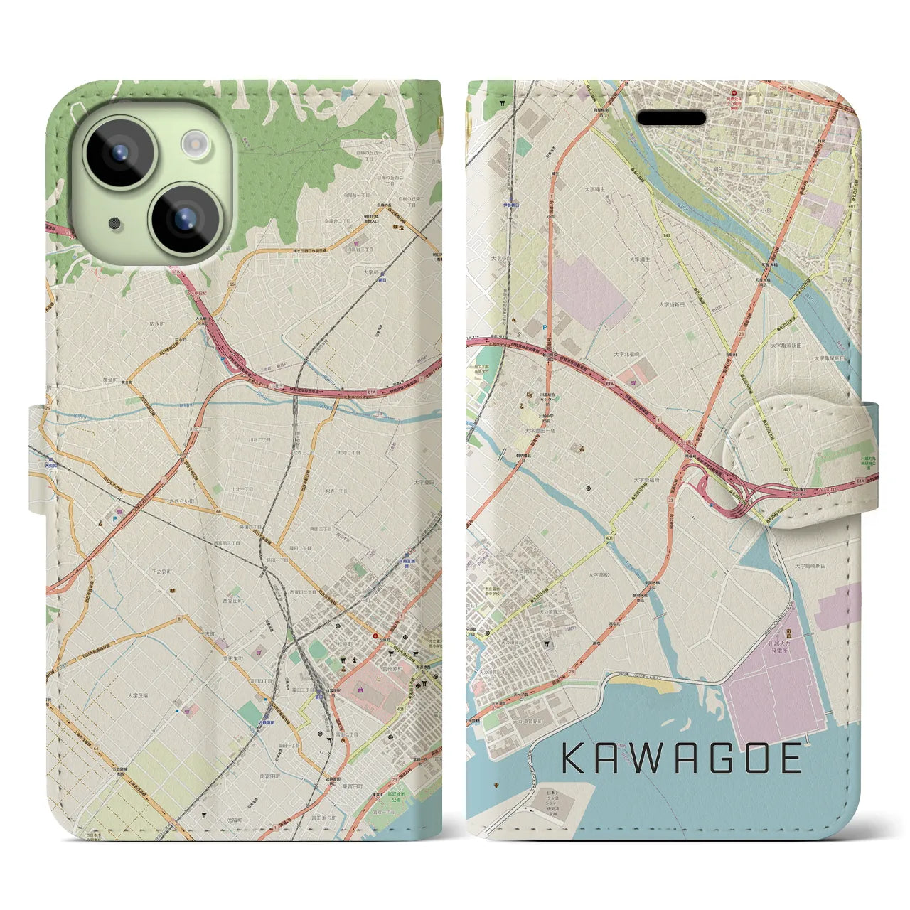 【川越（三重県）】地図柄iPhoneケース（手帳タイプ）ナチュラル・iPhone 15 用