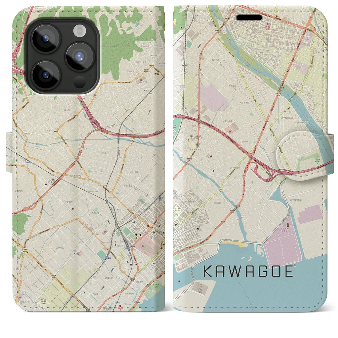【川越（三重県）】地図柄iPhoneケース（手帳両面タイプ・ナチュラル）iPhone 15 Pro Max 用