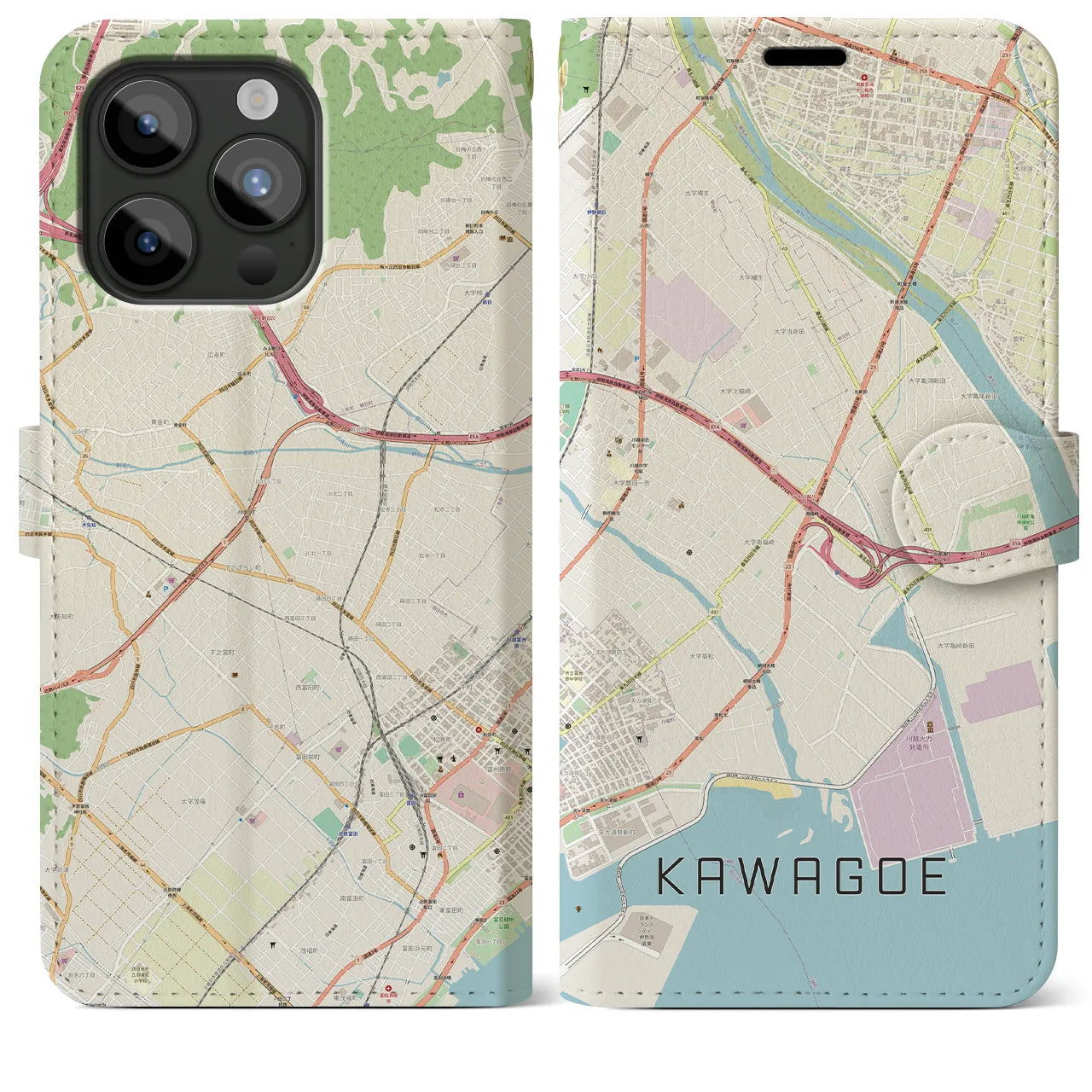【川越（三重県）】地図柄iPhoneケース（手帳タイプ）ナチュラル・iPhone 15 Pro Max 用