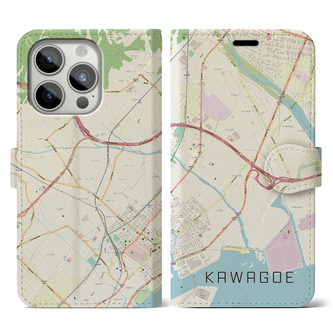 【川越（三重県）】地図柄iPhoneケース（手帳タイプ）ナチュラル・iPhone 15 Pro 用
