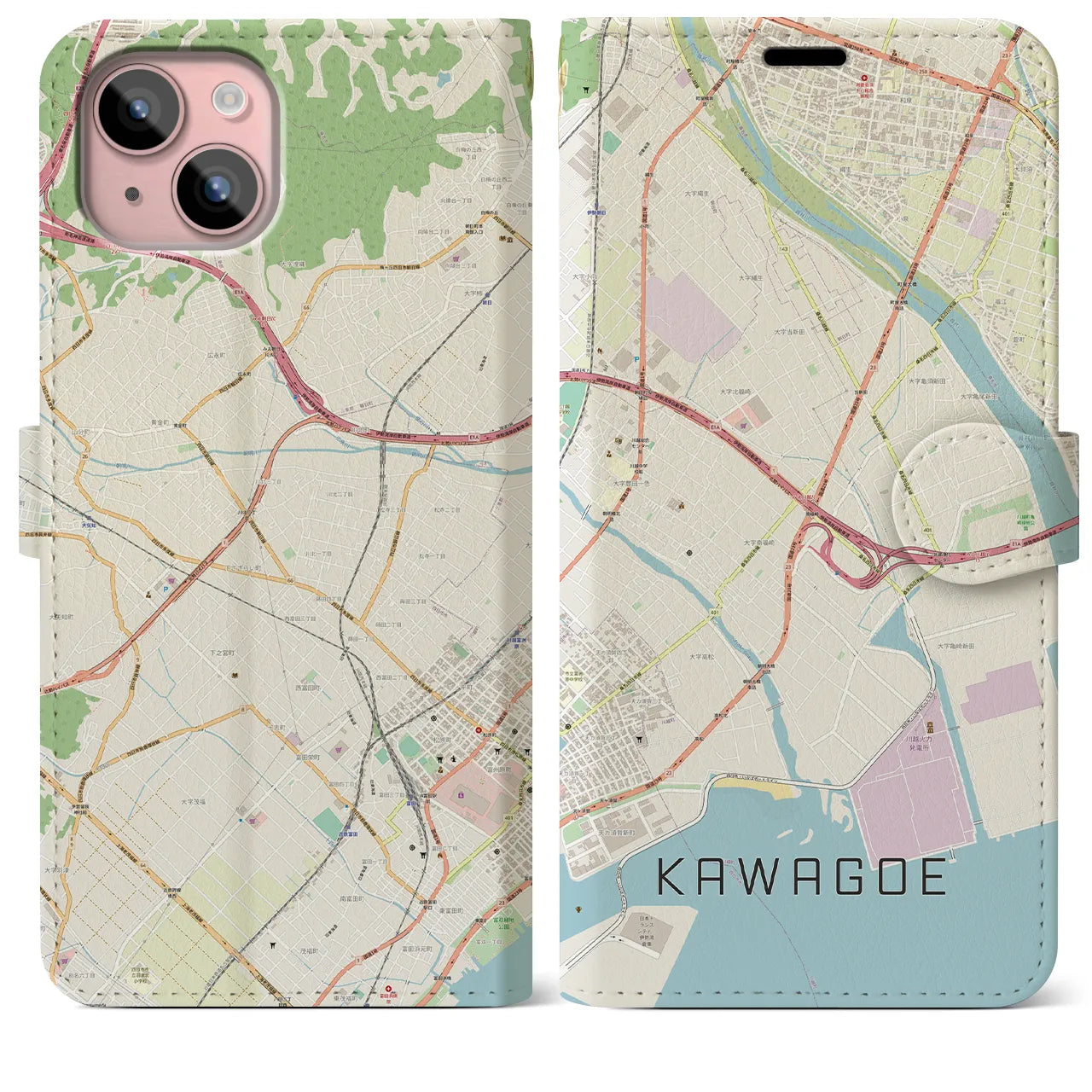 【川越（三重県）】地図柄iPhoneケース（手帳タイプ）ナチュラル・iPhone 15 Plus 用