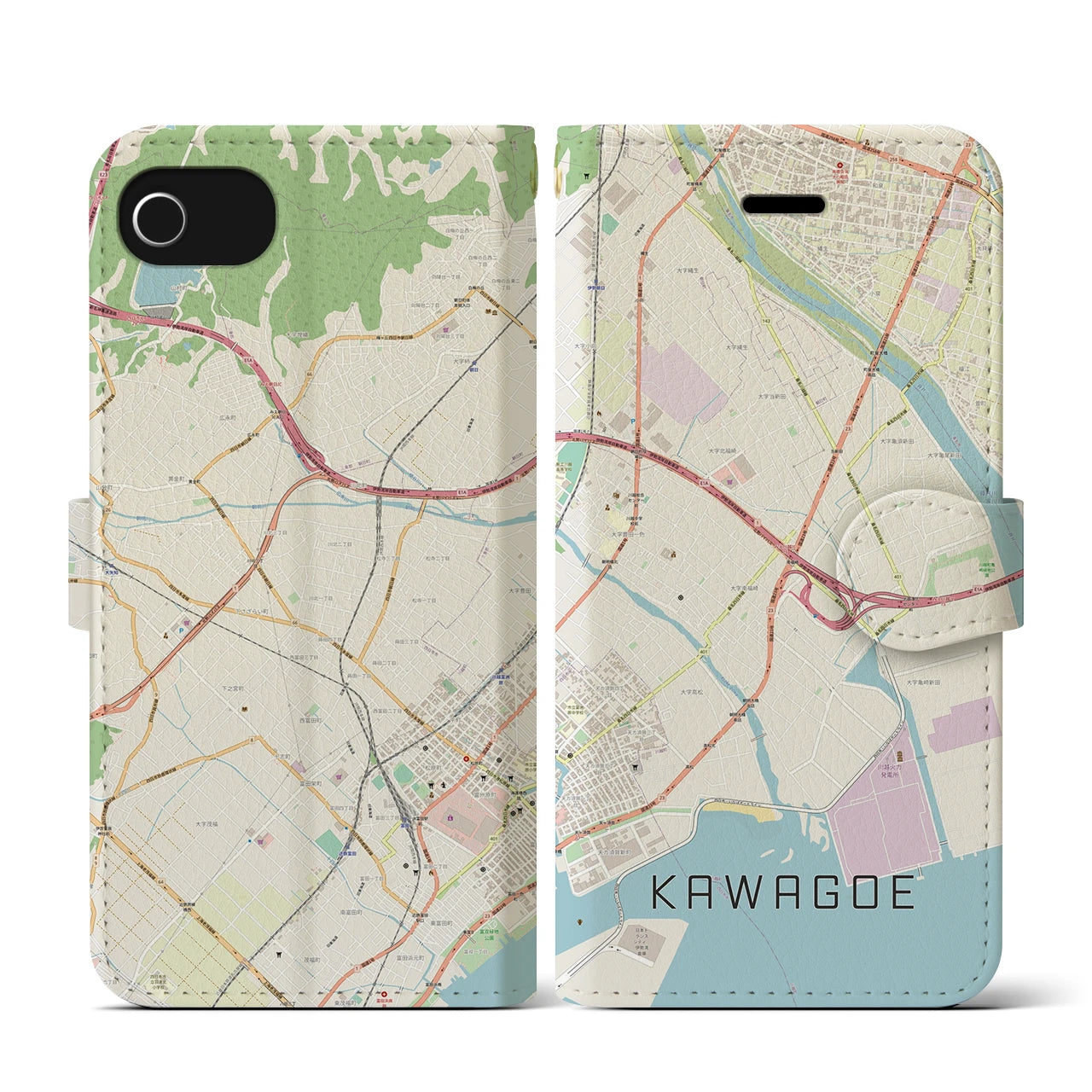 【川越（三重県）】地図柄iPhoneケース（手帳タイプ）ナチュラル・iPhone SE（第3 / 第2世代） / 8 / 7 / 6s / 6 用