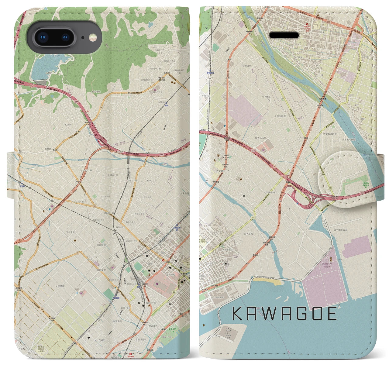 【川越（三重県）】地図柄iPhoneケース（手帳タイプ）ナチュラル・iPhone 8Plus /7Plus / 6sPlus / 6Plus 用