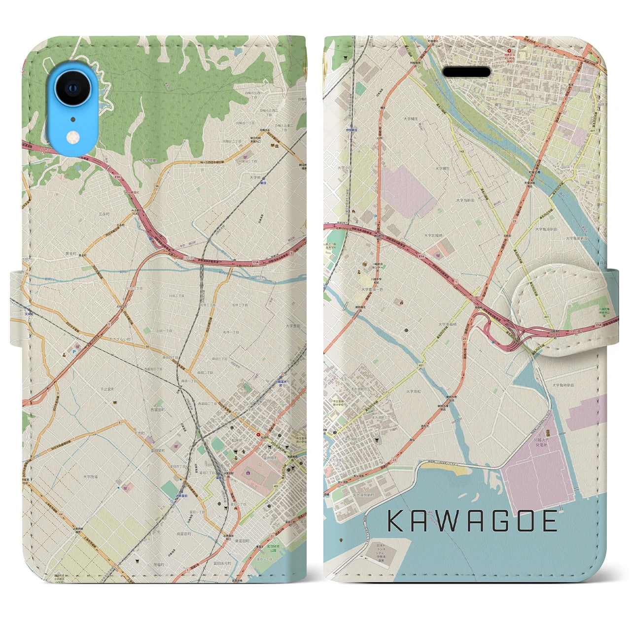 【川越（三重県）】地図柄iPhoneケース（手帳両面タイプ・ナチュラル）iPhone XR 用
