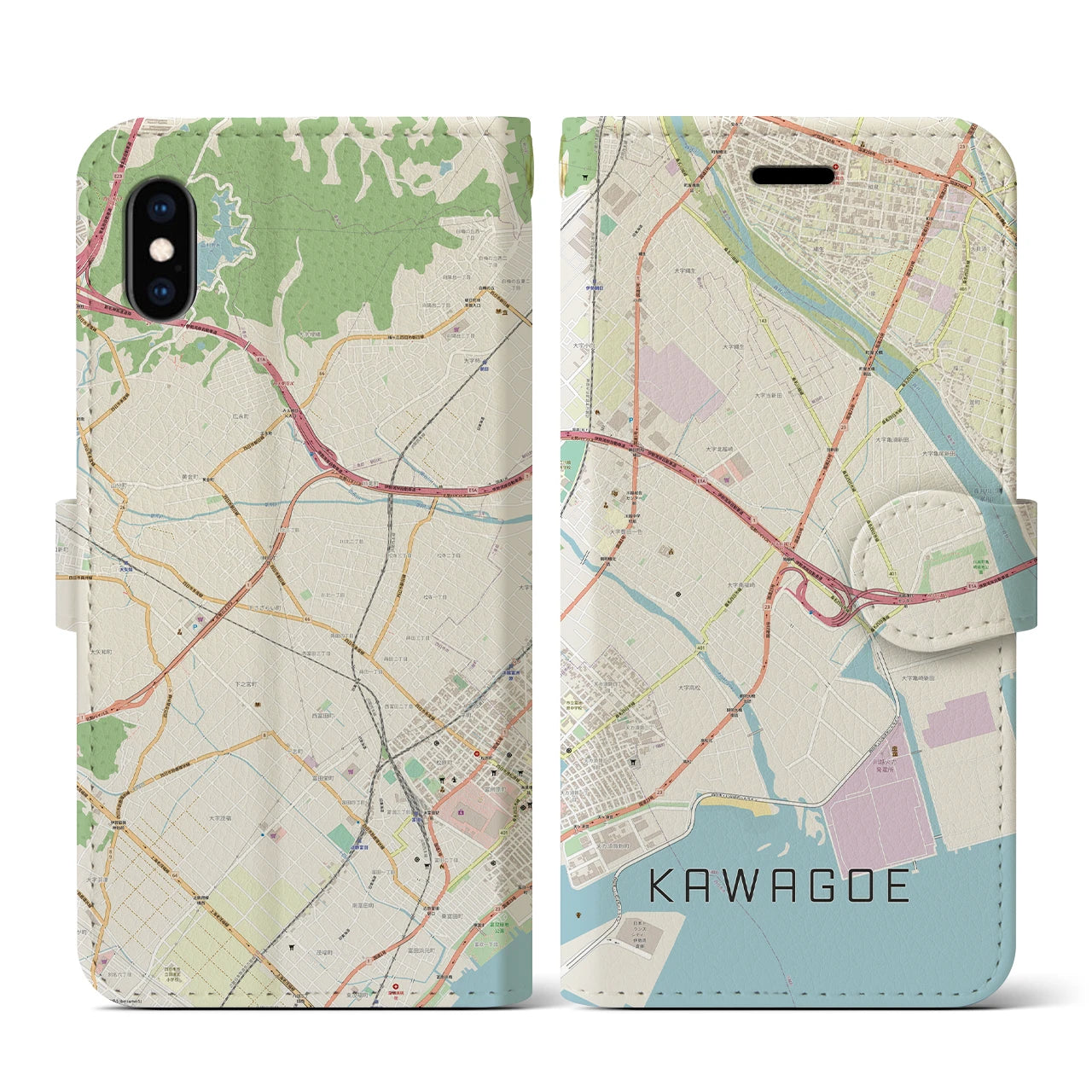 【川越（三重県）】地図柄iPhoneケース（手帳タイプ）ナチュラル・iPhone XS / X 用