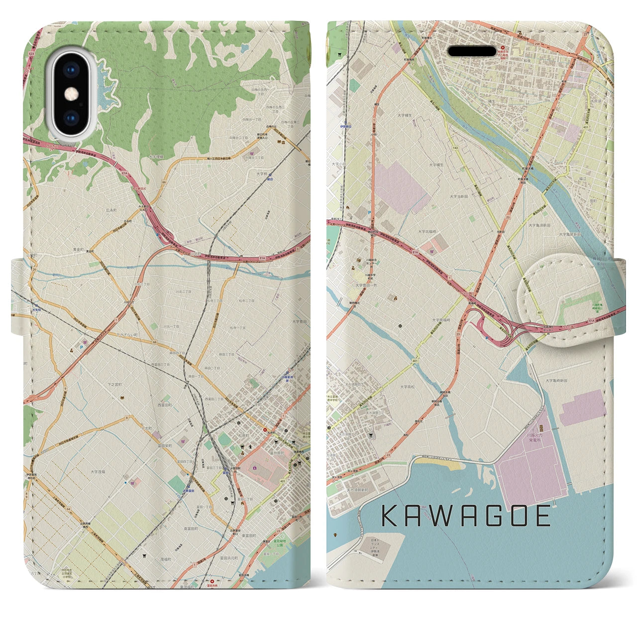 【川越（三重県）】地図柄iPhoneケース（手帳両面タイプ・ナチュラル）iPhone XS Max 用