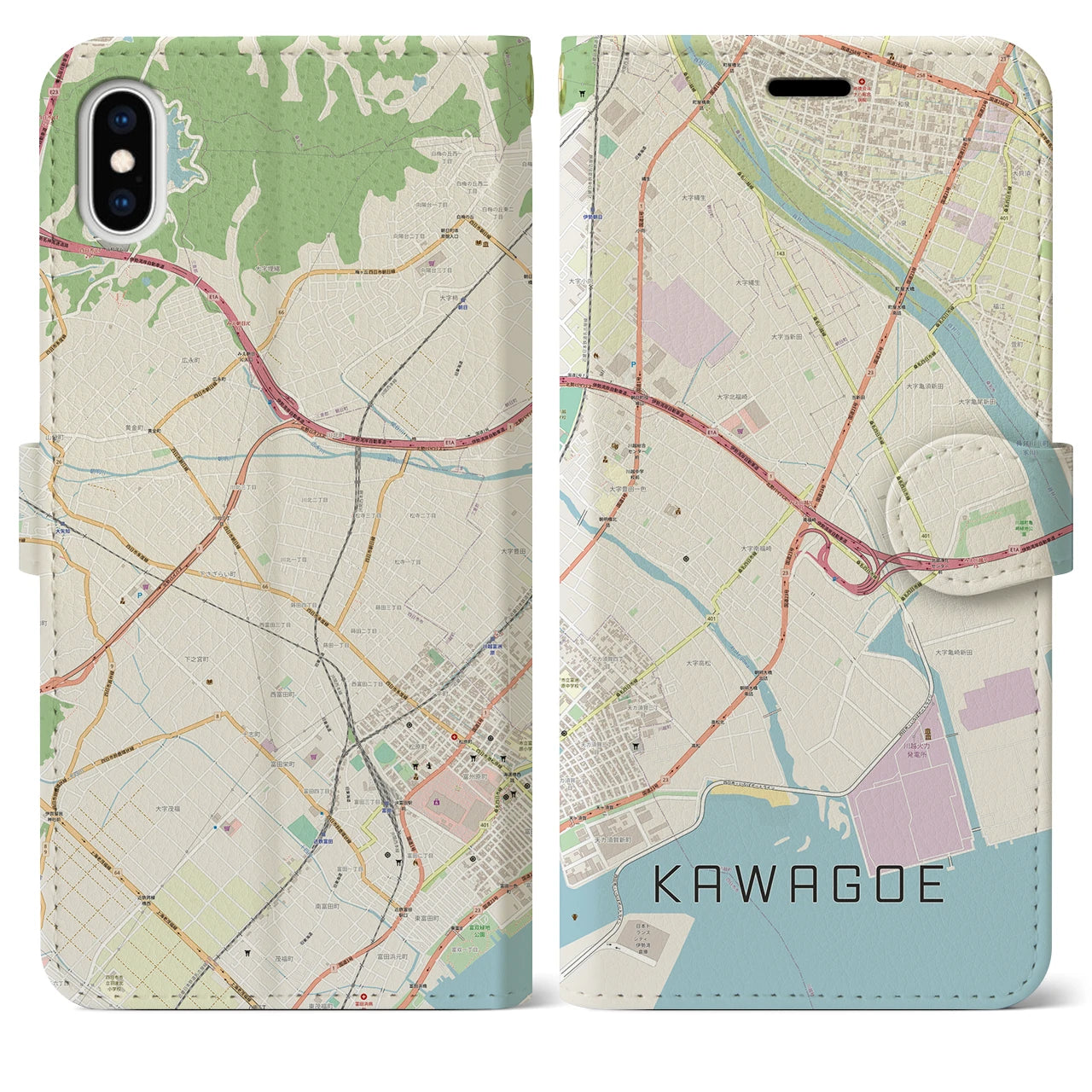 【川越（三重県）】地図柄iPhoneケース（手帳タイプ）ナチュラル・iPhone XS Max 用