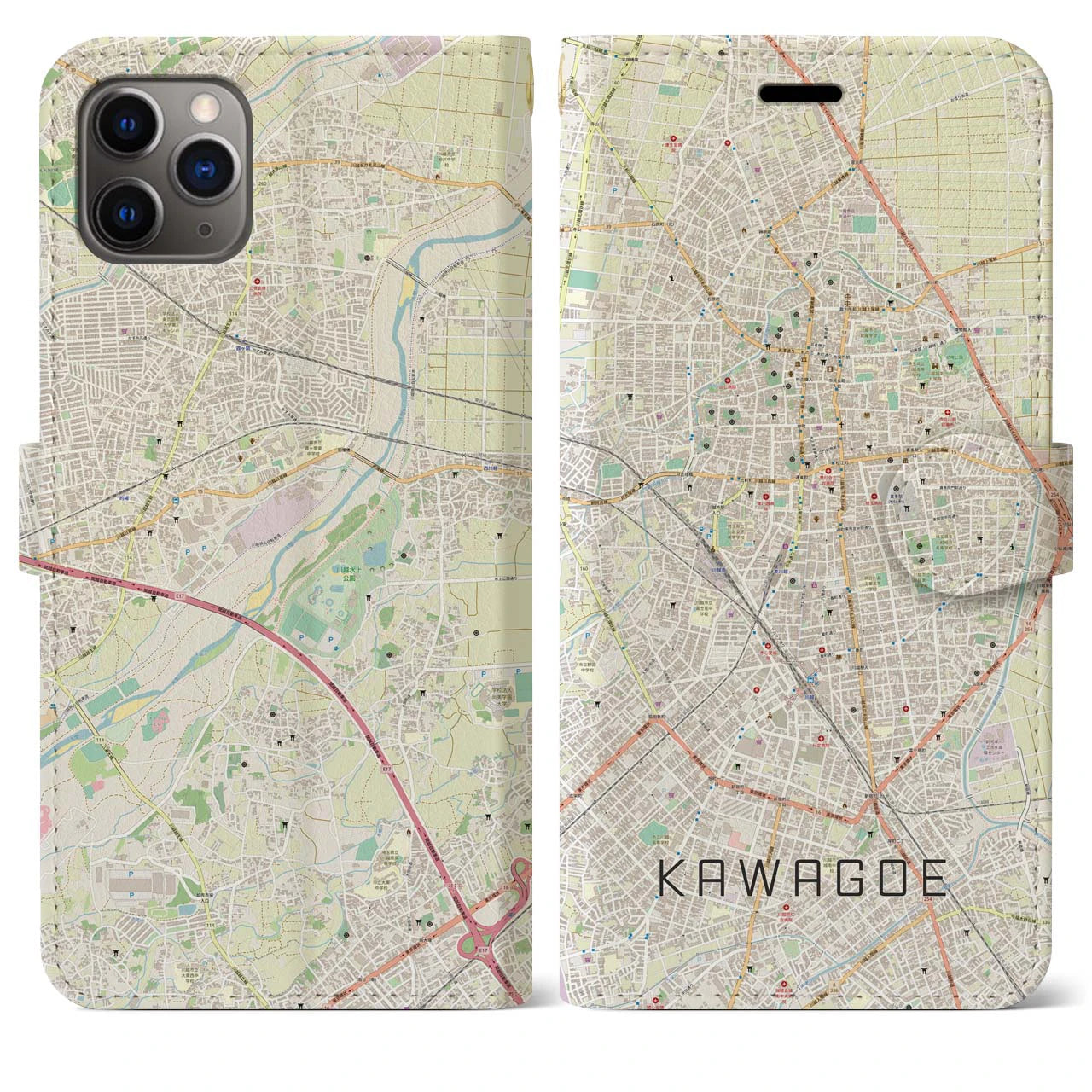 【川越】地図柄iPhoneケース（手帳両面タイプ・ナチュラル）iPhone 11 Pro Max 用