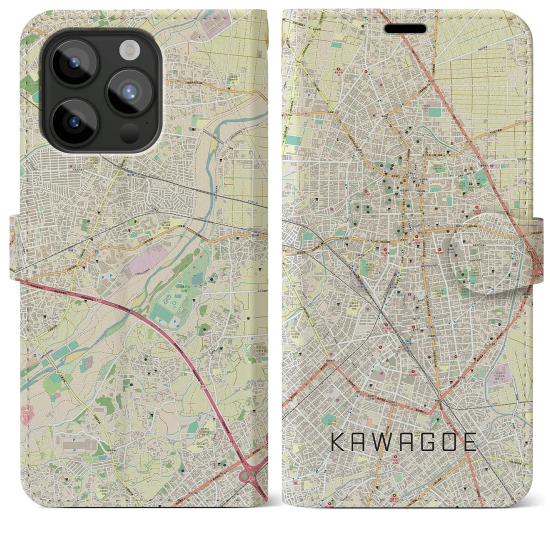 【川越】地図柄iPhoneケース（手帳両面タイプ・ナチュラル）iPhone 15 Pro Max 用