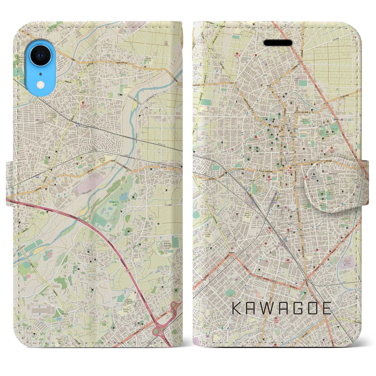 【川越】地図柄iPhoneケース（手帳両面タイプ・ナチュラル）iPhone XR 用