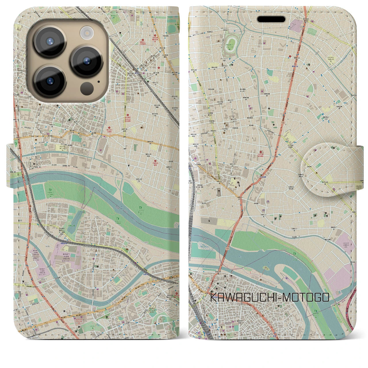 【川口元郷】地図柄iPhoneケース（手帳両面タイプ・ナチュラル）iPhone 14 Pro Max 用